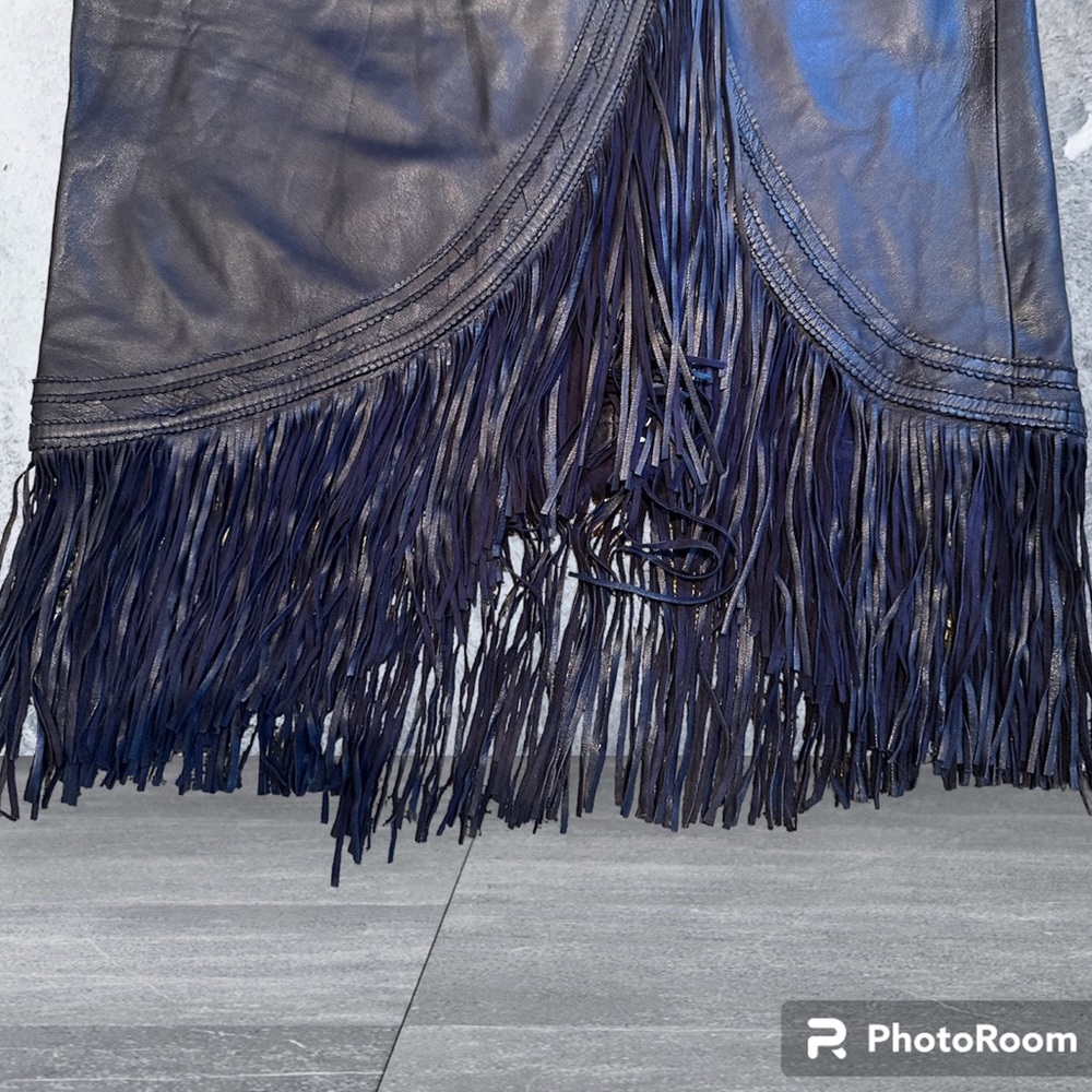 Continental baby soft lamb skin leather fringe skirt Indigo blue. NWOT cowgirl - Picture 9 of 17